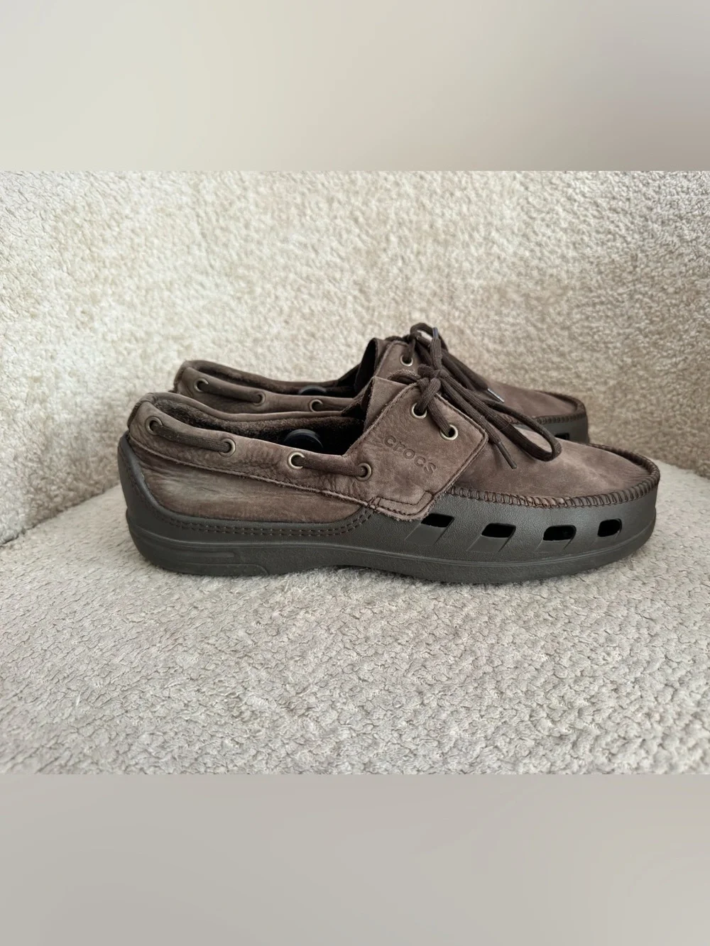Crocs Men’s Size 12 Brown Leather Boat Shoes Loafers Lace Up Moc Toe